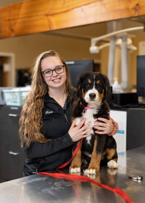 A woman wearing glasses stands beside a dog