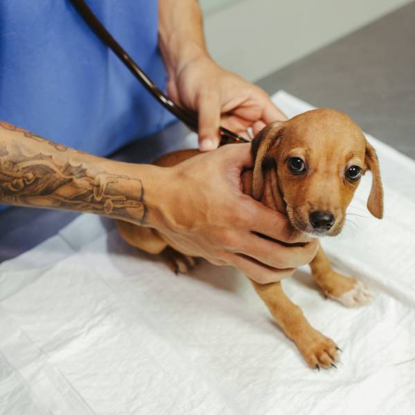 a vet holding a dog